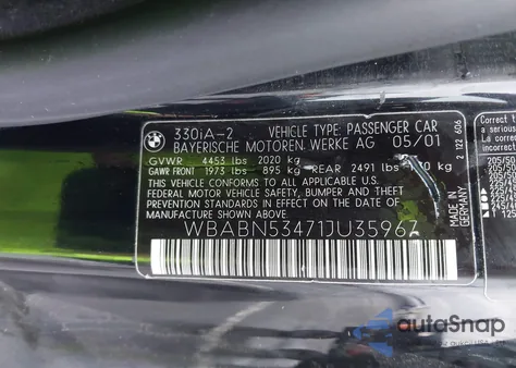 2001 BMW 330Ci from USA, damaged, VIN WBABN53471JU35967